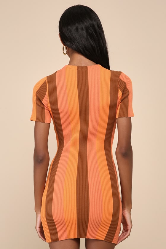 Lulus Definitely Cool Orange Striped Ribbed Short Sleeve Mini Dress In Orange