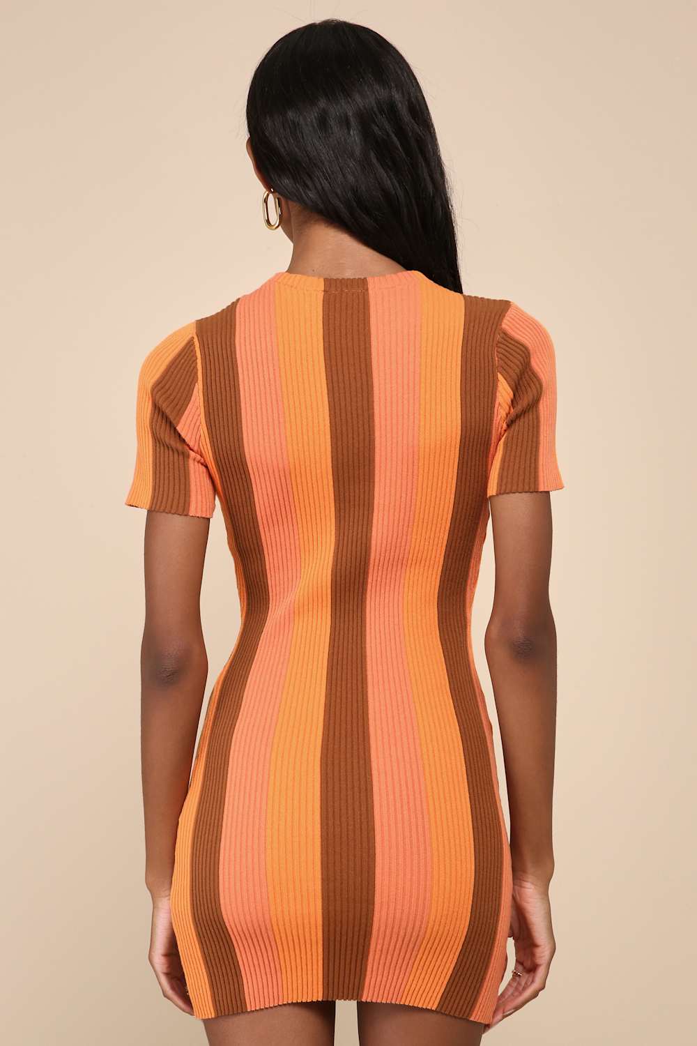 Definitely Cool Orange Striped Ribbed Short Sleeve Mini Dress