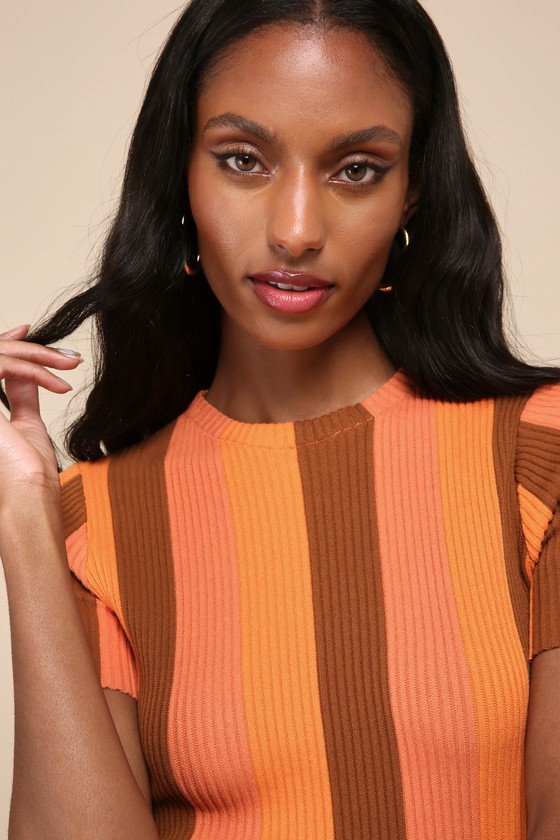 Lulus Definitely Cool Orange Striped Ribbed Short Sleeve Mini Dress In Orange