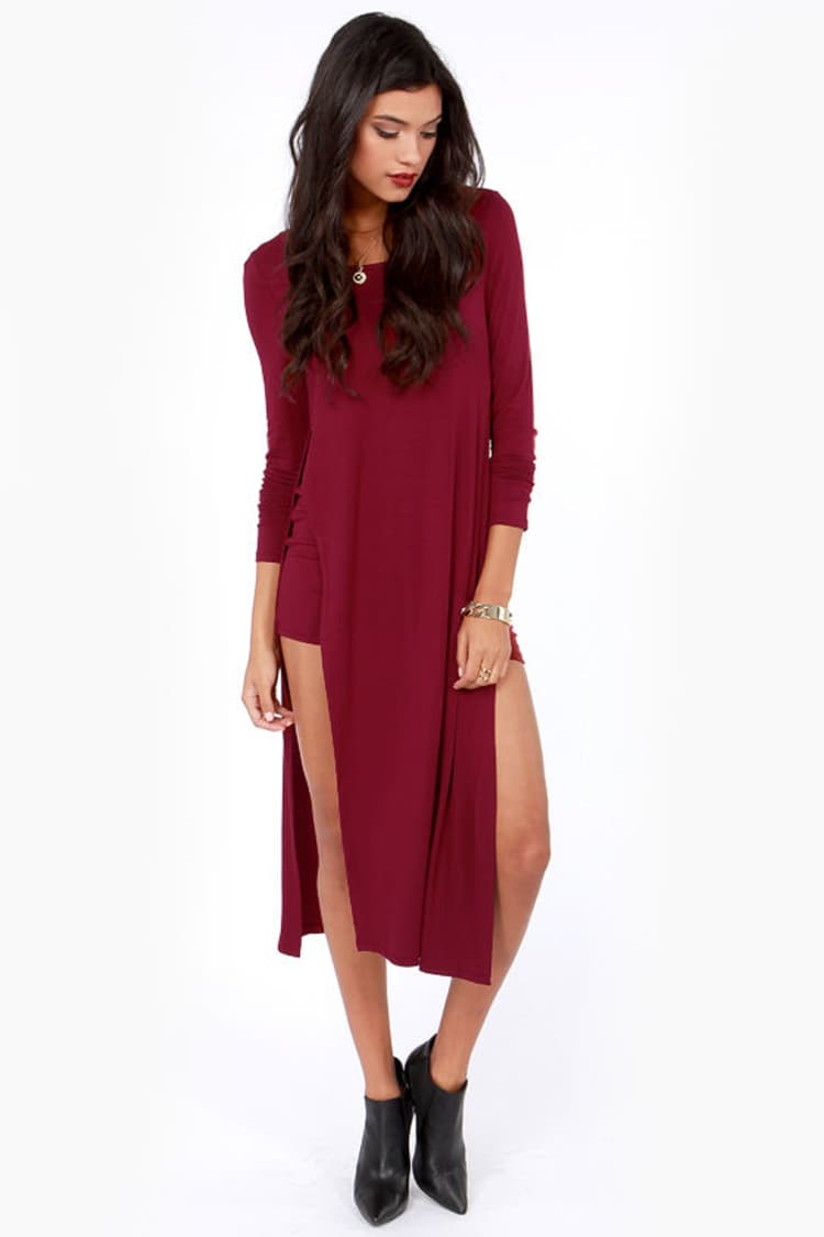 fitted lace wedding dress Made The Right Call Burgundy Collared Midi T-Shirt Dress