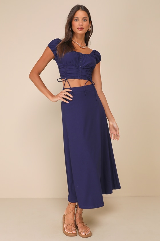 Sincerely Posh Navy Blue High Rise Midi Skirt