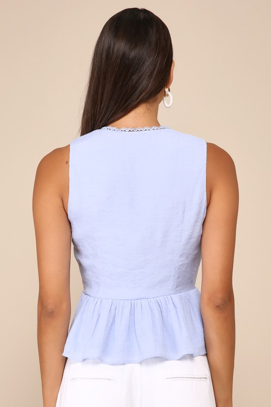 Lulus Admirable Cutie Light Blue Tie-front Ruffled Sleeveless Top In Light Blue