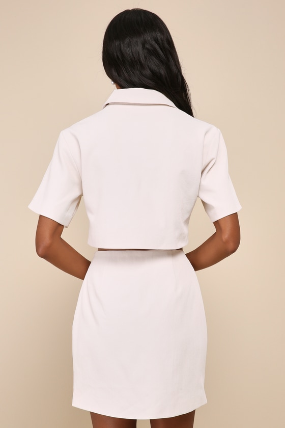 Lulus Undoubtedly Posh Cream Twill Pearl High-rise Mini Skirt In White