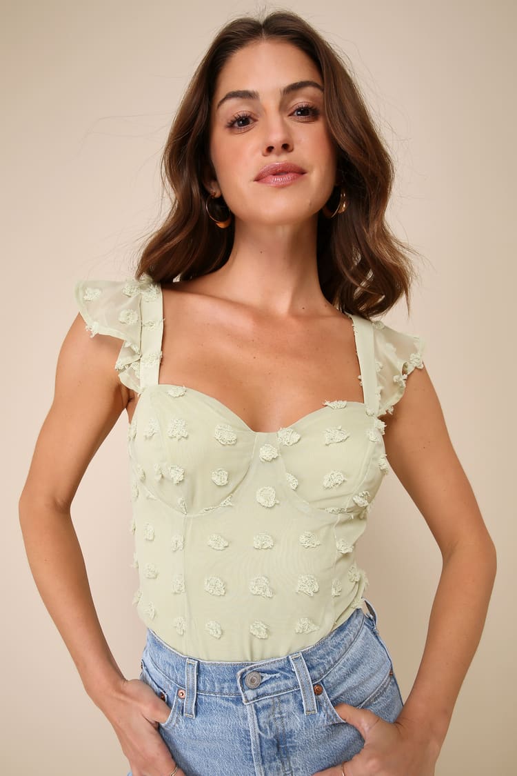 Iconic Cutie Light Green Swiss Dot Ruffled Sleeveless Bodysuit