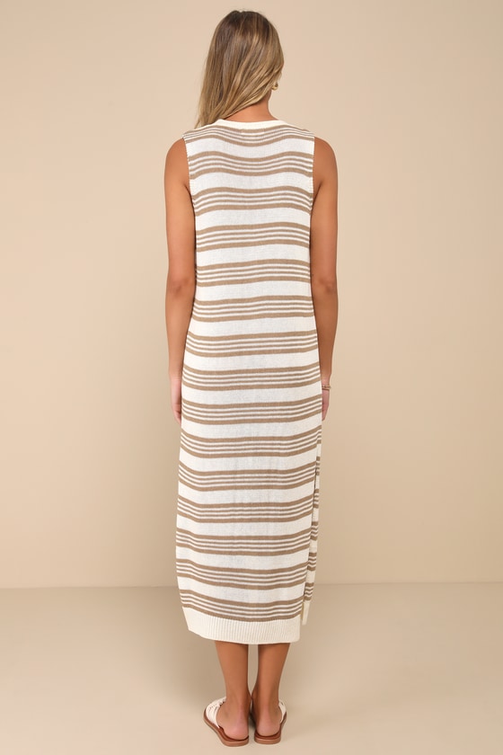Little Lies Longline Vest Cream And Taupe Knit Sleeveless Sweater Dress In White