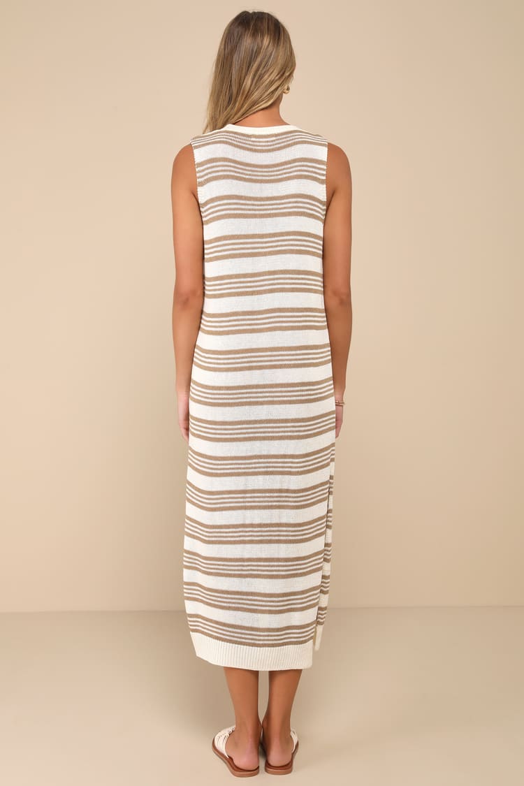 Longline Vest Cream and Taupe Knit Sleeveless Sweater Dress