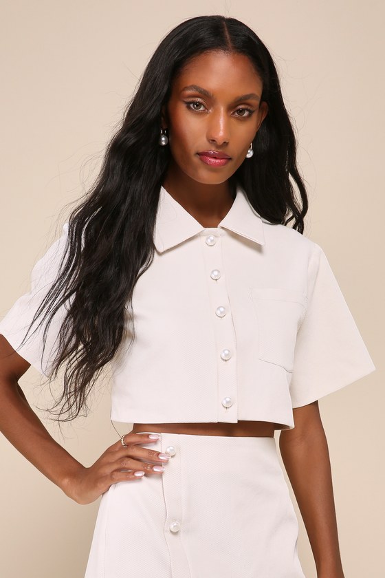 Cream Cropped Jacket - Twill Shirt Jacket - Pearl Button Top - Lulus