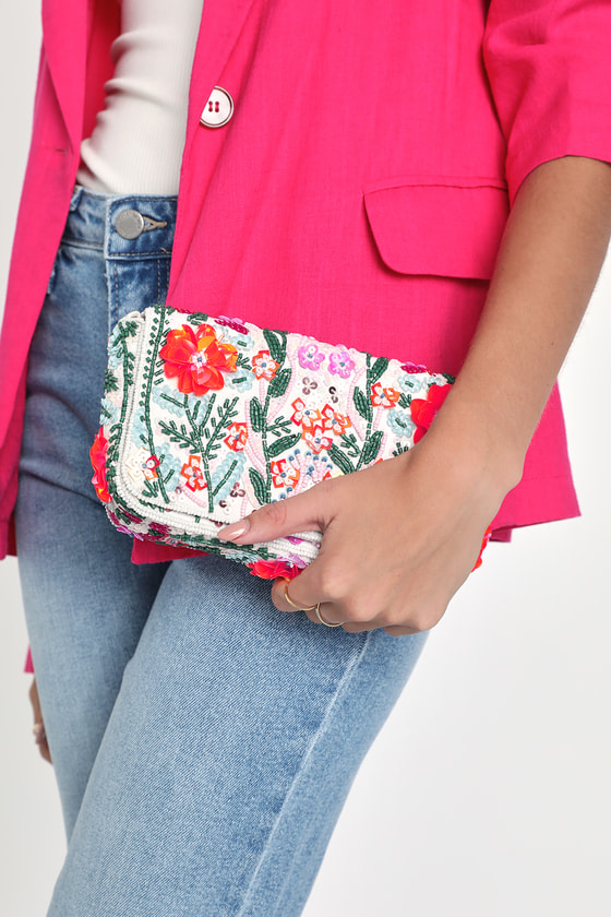Brave Blooms White Multi Floral Beaded Sequin Clutch 7