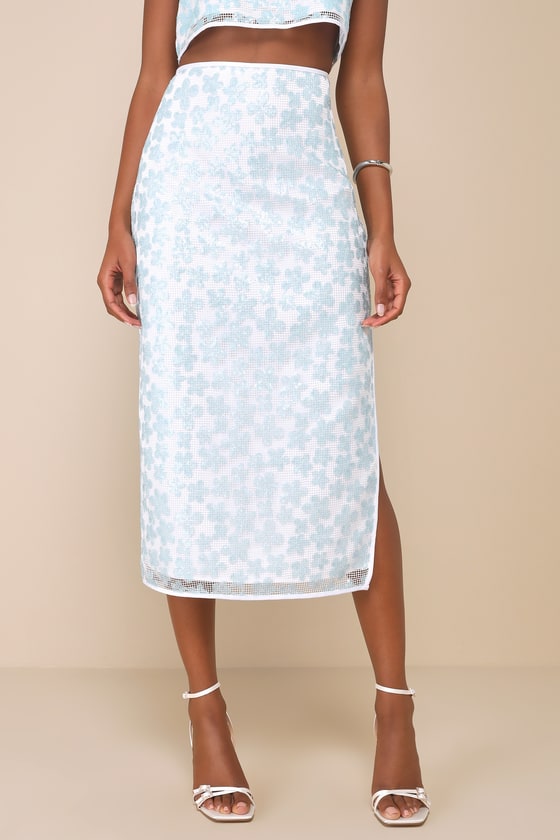 Trendy Sweetheart White and Blue Sequin Floral Midi Skirt 2