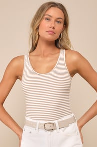 Keep It Classic Tan and White Striped V-Neck Bodysuit