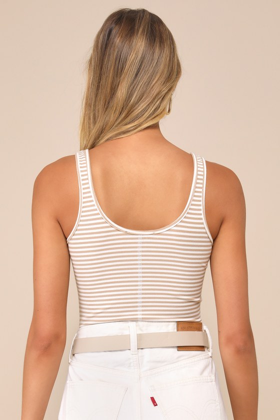 Keep It Classic Tan and White Striped V-Neck Bodysuit 3