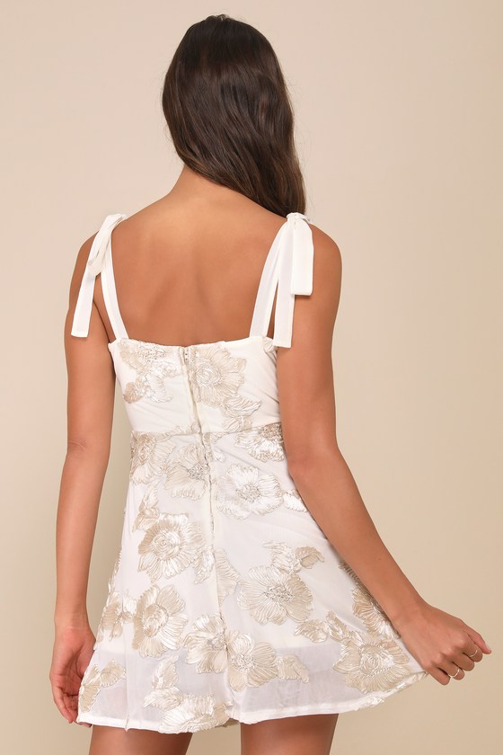 Lulus Truly Inspiring Ivory Mesh Floral Applique Tie-strap Mini Dress In Ivory