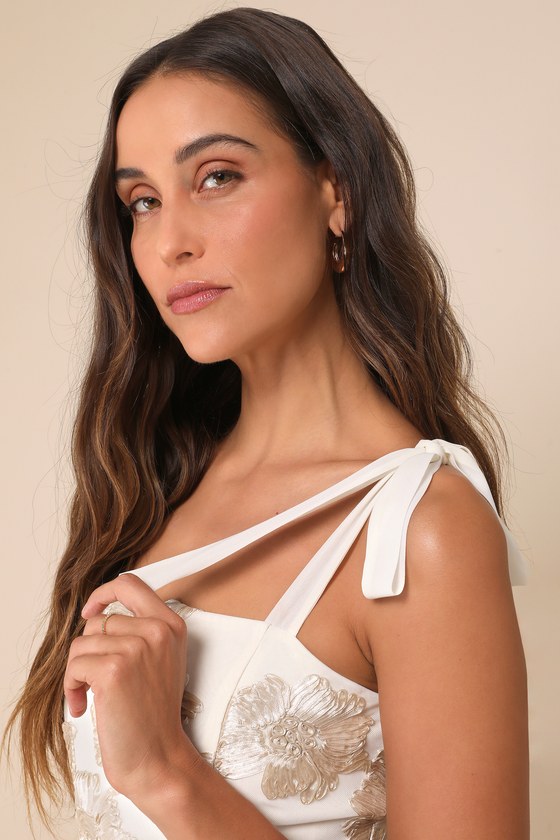 Lulus Truly Inspiring Ivory Mesh Floral Applique Tie-strap Mini Dress In Ivory