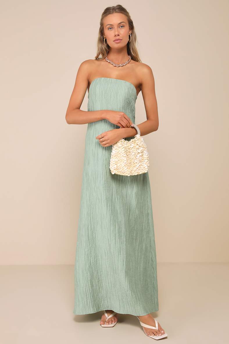Radiant Season Sage Green Plisse Cutout Strapless Maxi Dress