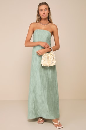 Sage Green Plisse Cutout Strapless Maxi Dress | Womens | X-Large (Available in XS, S, M, L) | Polyester/Spandex/Nylon