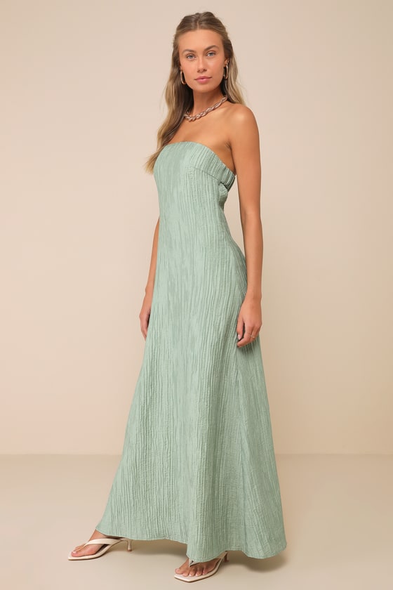 Lulus Radiant Season Sage Green Plisse Cutout Strapless Maxi Dress In Sage Green