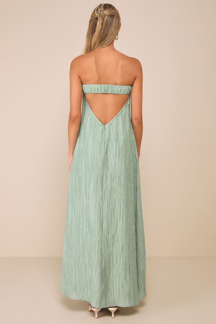 Radiant Season Sage Green Plisse Cutout Strapless Maxi Dress