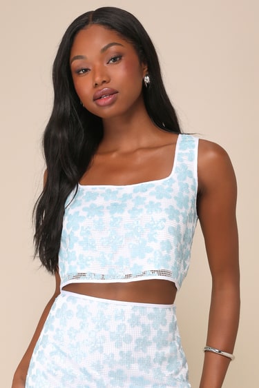 Trendy Sweetheart White and Blue Sequin Floral Cropped Tank Top