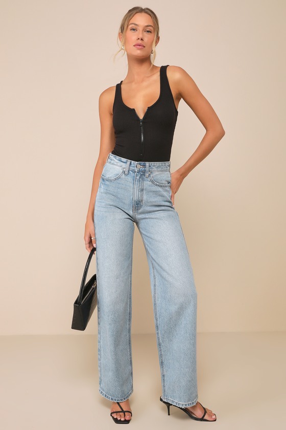 LULUS FULL THROTTLE BLACK RIBBED KNIT ZIP-FRONT SLEEVELESS BODYSUIT 