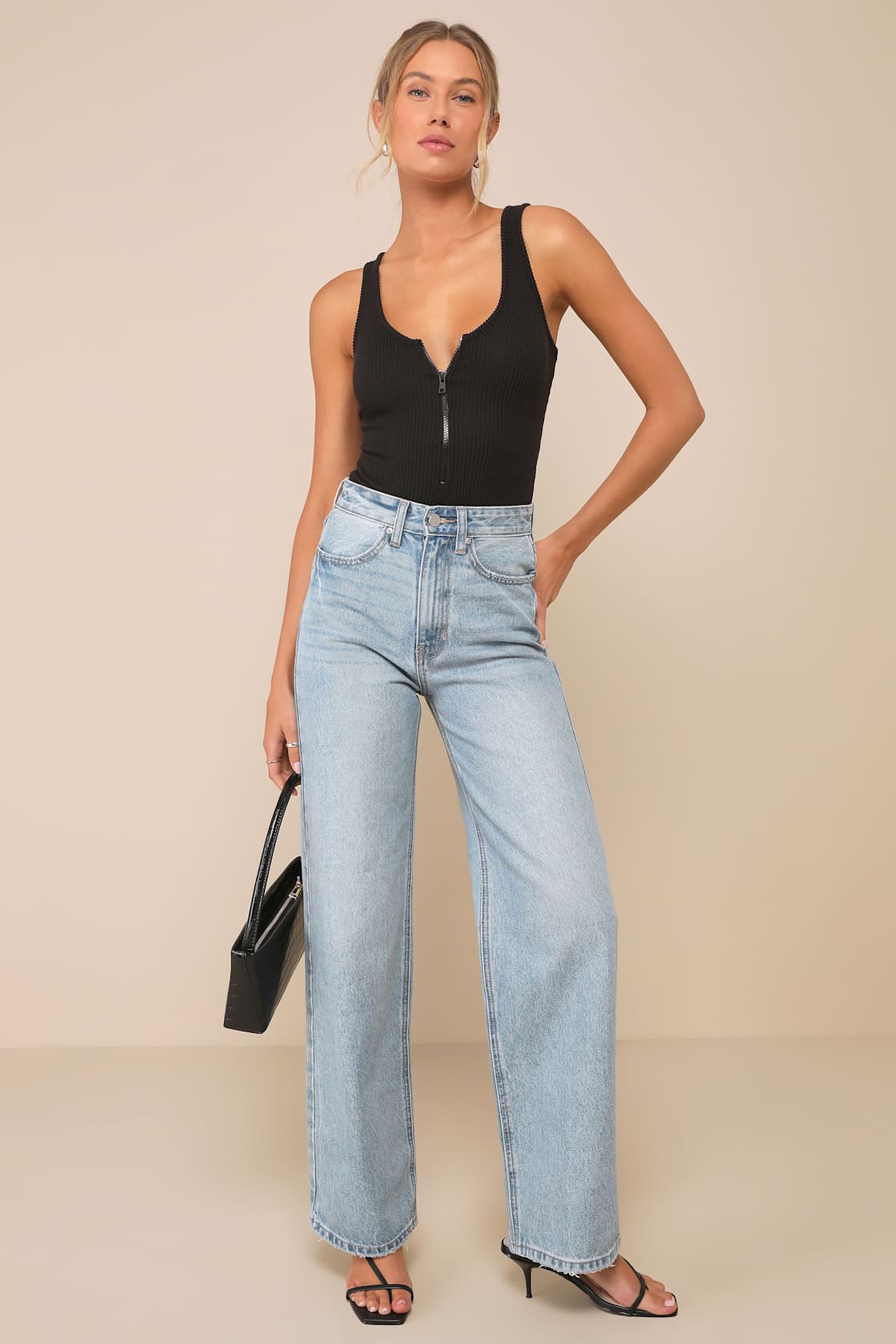 Full Throttle Black Ribbed Knit Zip-Front Sleeveless Bodysuit