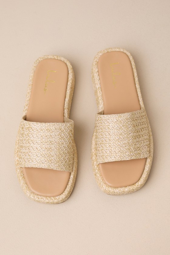 Lulus Lolani Natural Raffia Platform Slide Sandals In Beige