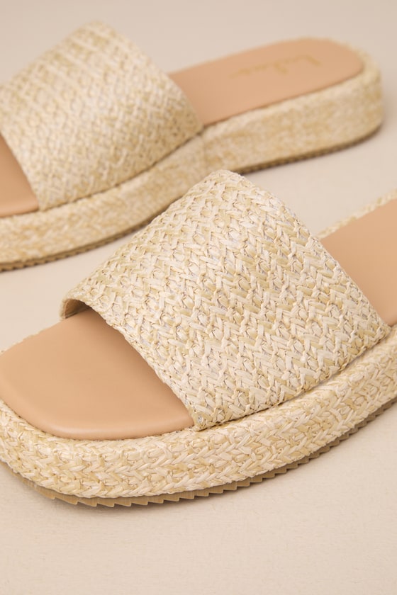 Lulus Lolani Natural Raffia Platform Slide Sandals In Beige
