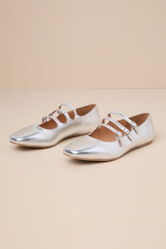 Lulus Ortie Silver Strappy Buckle Ballet Flats In Silver