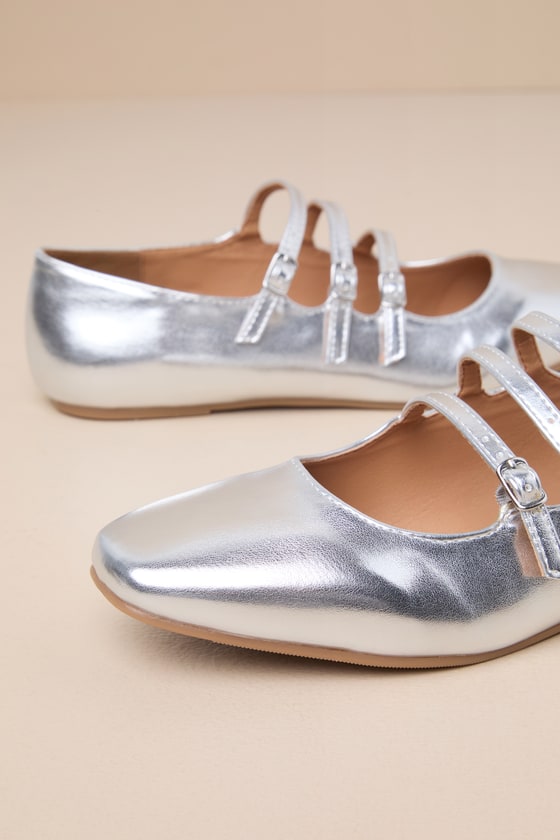Lulus Ortie Silver Strappy Buckle Ballet Flats In Silver