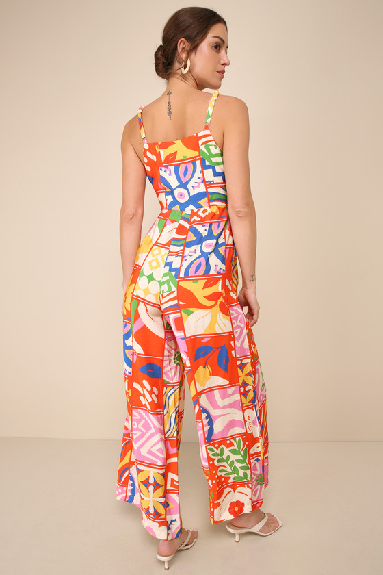 LULUS BOLD EXTRAVAGANCE RED MULTI PRINT SLEEVELESS WIDE-LEG JUMPSUIT 