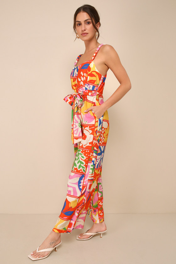 LULUS BOLD EXTRAVAGANCE RED MULTI PRINT SLEEVELESS WIDE-LEG JUMPSUIT 