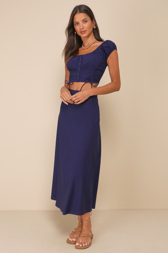 Lulus Sincerely Posh Navy Blue Ruched Button-front Cap Sleeve Top In Navy Blue