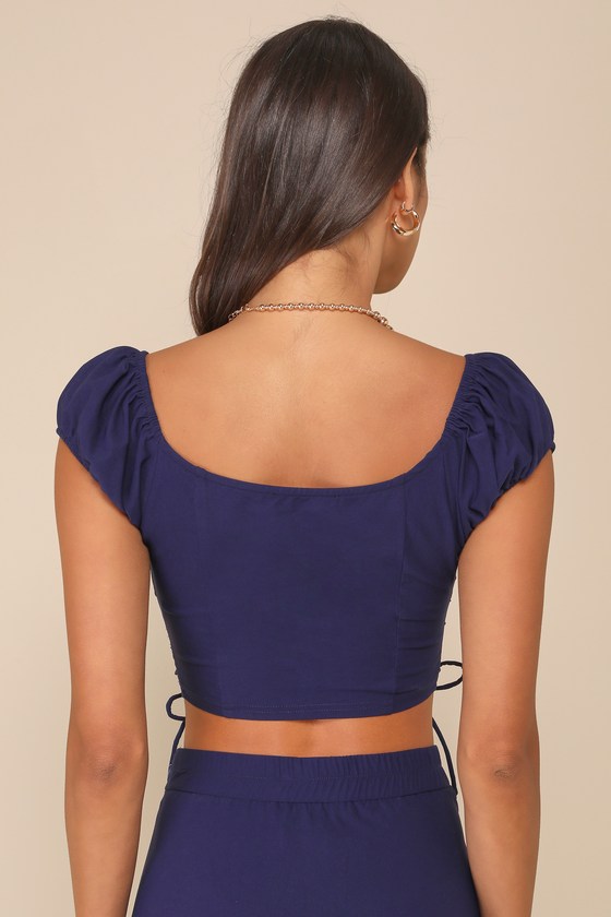 Lulus Sincerely Posh Navy Blue Ruched Button-front Cap Sleeve Top In Navy Blue