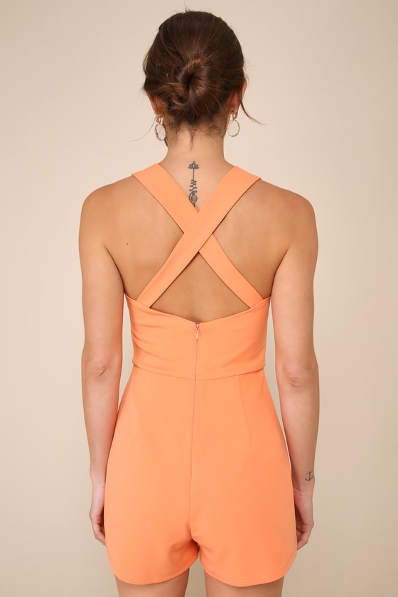 Lulus Latest Crush Orange Sleeveless Backless Skort Romper In Orange
