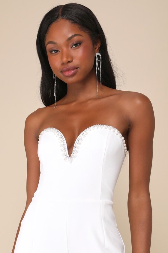 Major Glam White Rhinestone Strapless Wide-Leg Jumpsuit 2