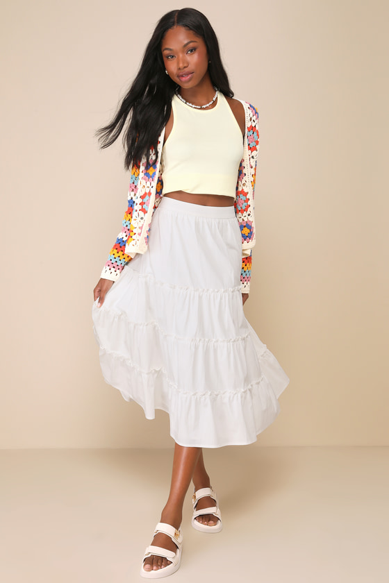 White Midi Skirt White Tiered Skirt High Rise A line Skirt Lulus