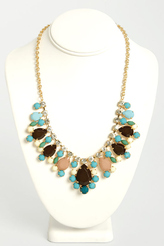 Pretty Blue Necklace - Brown Necklace - Rhinestone Necklace - $16.00 ...