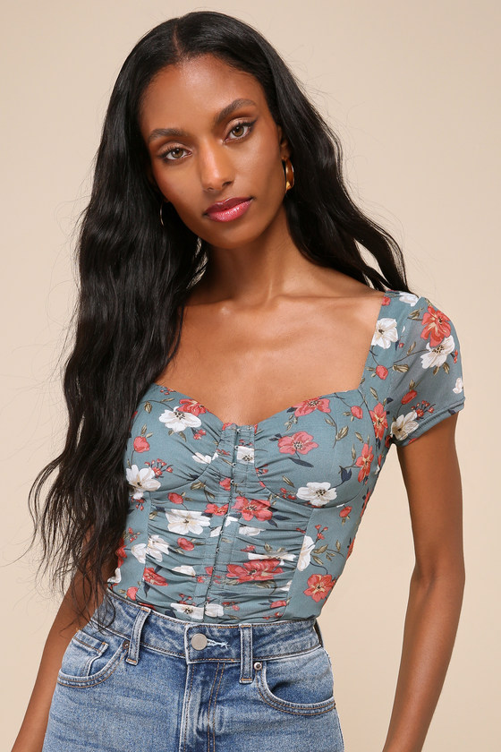 Sweeter Vibes Teal Floral Mesh Short Sleeve Bustier Crop Top 2