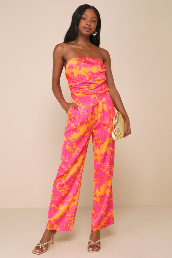 Lulus Instinctive Glam Pink And Orange Floral Straight Leg Pants In Orange