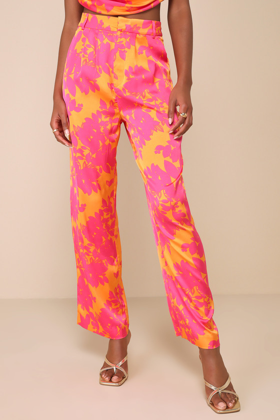 Lulus Instinctive Glam Pink And Orange Floral Straight Leg Pants In Orange