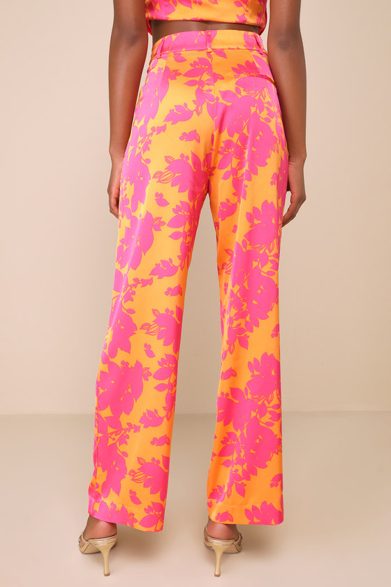 Lulus Instinctive Glam Pink And Orange Floral Straight Leg Pants In Orange