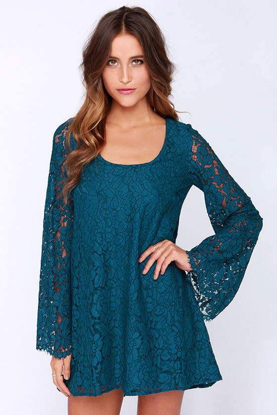 teal bell sleeve dress