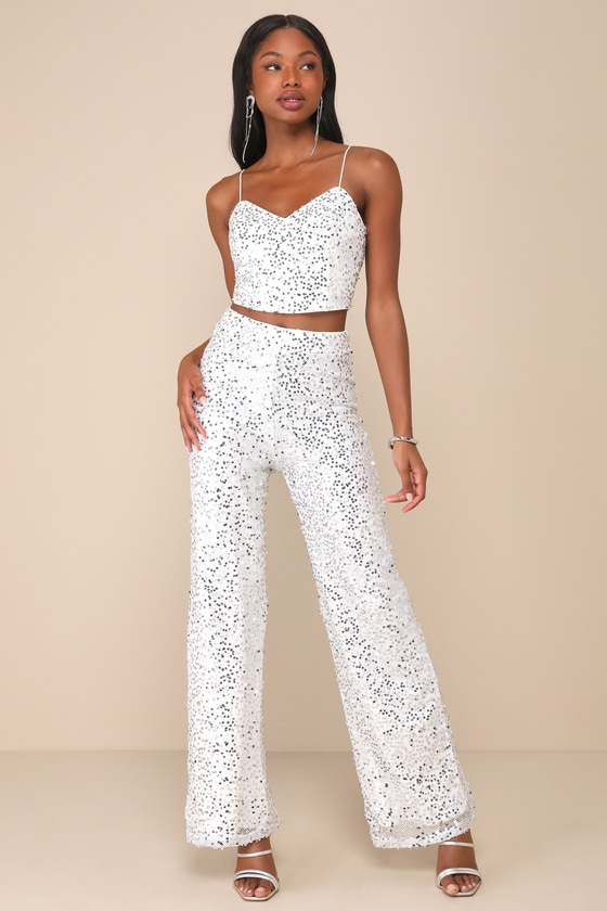Sparkling Image White Sequin Two-Piece Jumpsuit 1