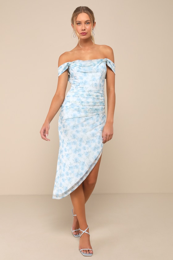 Lulus Idyllic Beauty Light Blue Floral Off-the-shoulder Midi Dress In Gray