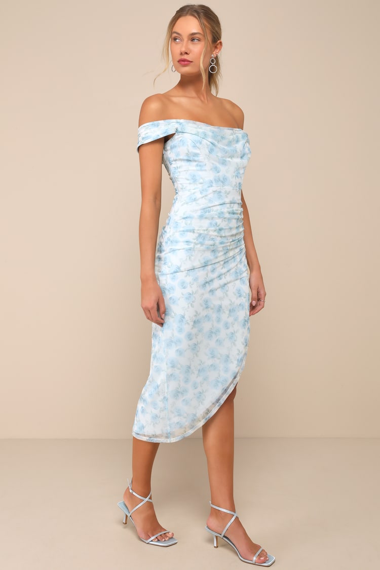 Blue Floral Mesh Dress - OTS Midi Dress - Asymmetrical Dress - Lulus