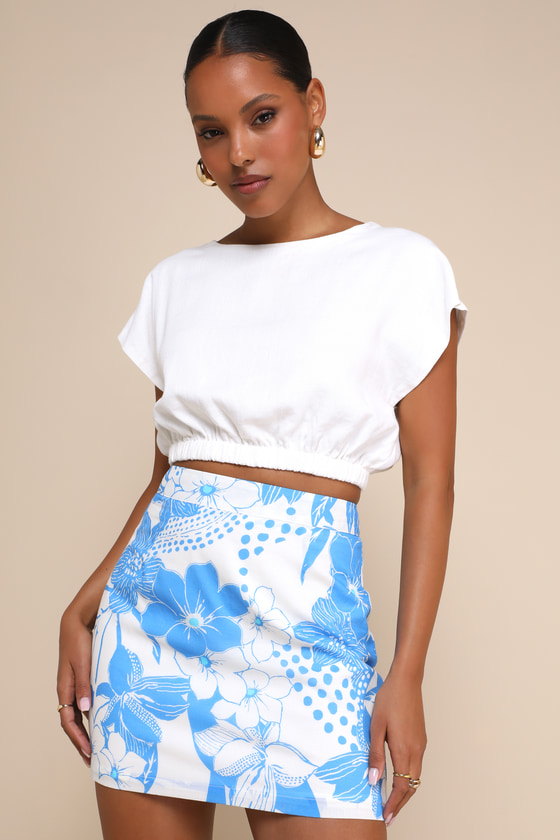 Lulus Refreshed Vibes White And Blue Floral Print High-rise Mini Skirt In Multi