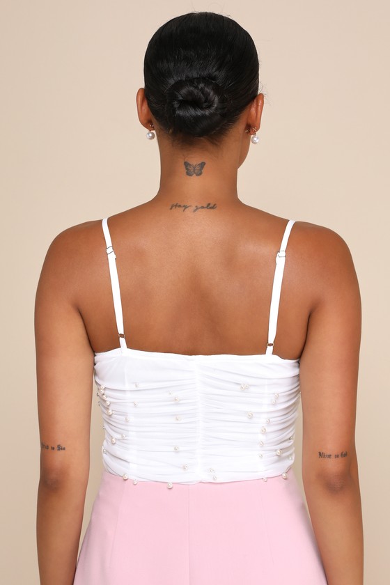 Lulus Poised Moment Ivory Pearl Mesh Ruched Sleeveless Bodysuit In Ivory