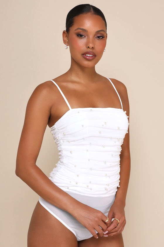 Lulus Poised Moment Ivory Pearl Mesh Ruched Sleeveless Bodysuit In Ivory