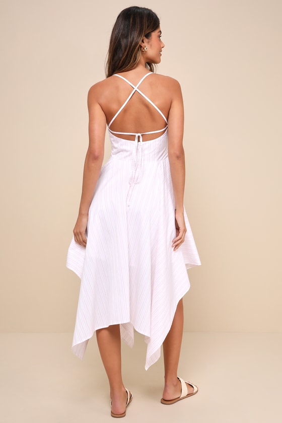 Lulus Instinctive Charm Ivory And Pink Striped Handkerchief Midi Dress In Ivory