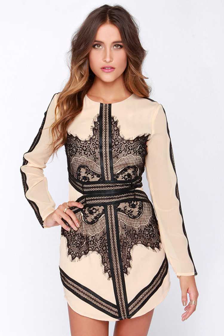 beige long sleeve lace dress Beige Lace Long Sleeve Short Dress