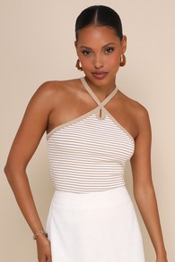 Delightful Pose Beige Striped Ribbed Knit Keyhole Halter Top 5